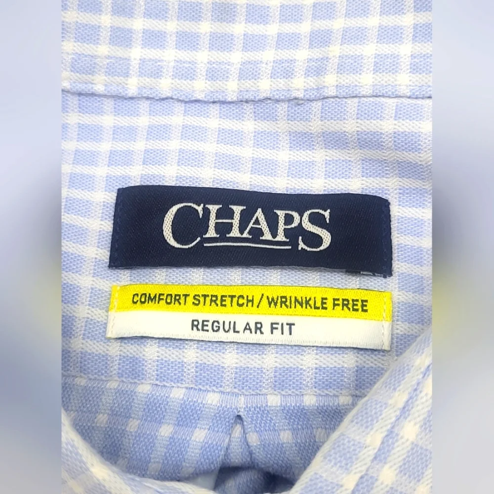 Chaps Men's Comfort Fit Wrinkle Free Blue/White‎ Plaid Dress Shirt Size 34/35